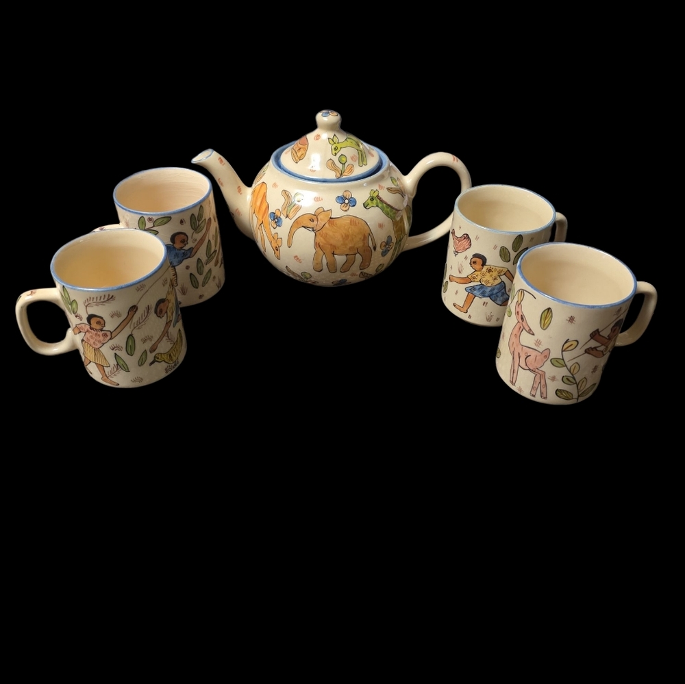 Vintage Handpainted Teapot & 4 Mugs Made In Zimbabwe
